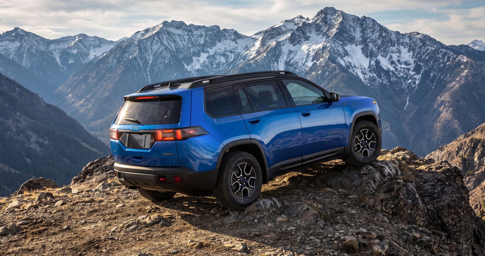 2027 Jeep Cherokee Trailhawk rear three-quarter view