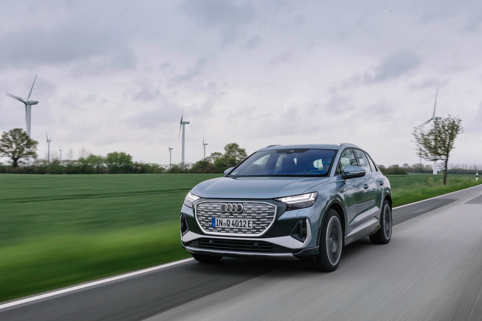 Audi Q4 e-tron on the move, recalled for a high-voltage battery fire risk above 80% charge