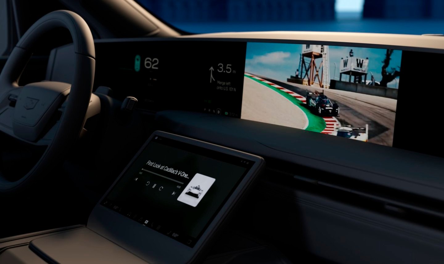 GM Concept Horizon cabin with video playing on a dash-wide display during eyes-off highway driving