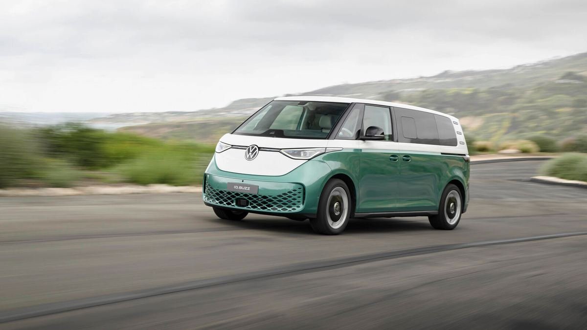 Volkswagen ID. Buzz long-wheelbase electric van driving on the road